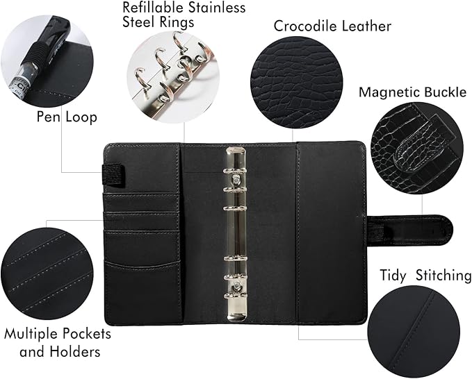 A5 6 Ring Crocodile Binder - Leather Planner Cover Refillable with 80 Lined Sheets for Budget,Journal,Money Organizer -Black