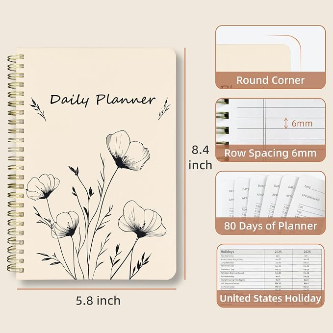 Undated Daily Planner - Spiral Notebook 80 Days One Day Per Page, Hourly Schedule, To-Do List, Notes, Everyday Planning Task, A5 Hardcover Journal Organizer Book Women Cute, White Flower