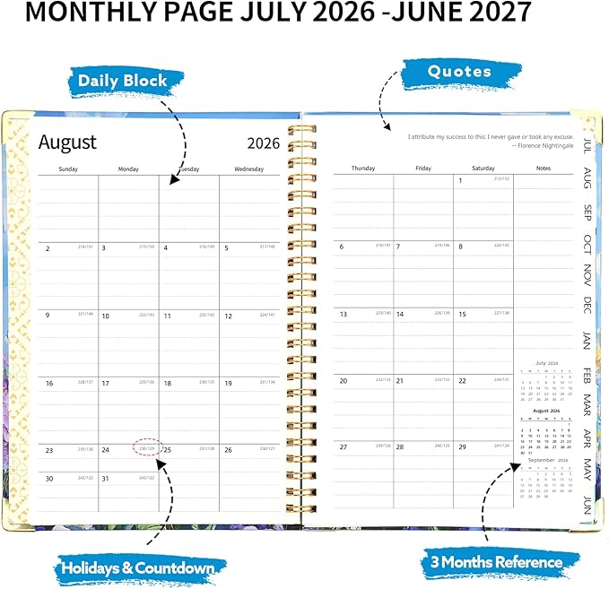 2026-2027 Planner, Weekly and Monthly Planner, July 2026-June 2027, Calendar Planner A5 (6.1" x 8.4") with Tabs, Inner Pocket for Home School Office Supplies, Purple Flower
