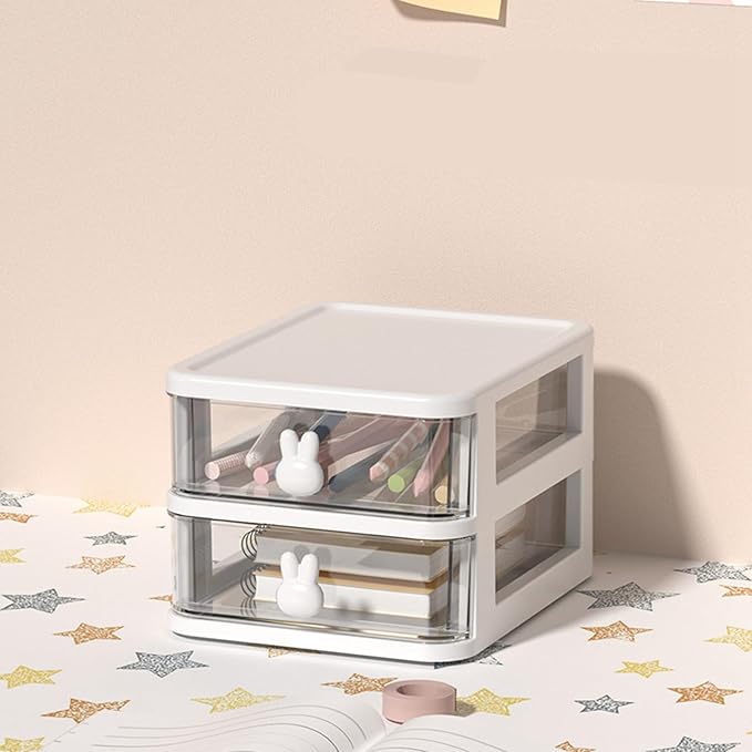Plastic Desktop Storage Box Drawers, Stackable Desk Organizer with Bunny Handle Desktop Drawers Multi Tier for Office School(Clear) (White)