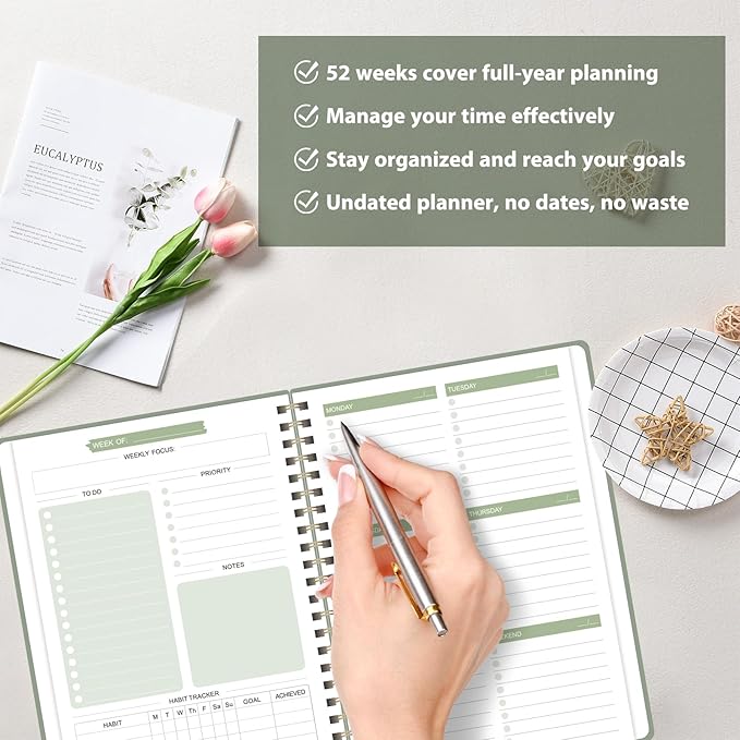 Undated Weekly Planner, Weekly To Do List Notebook with Goal, Organizer & Habit Tracker, A5 Daily Planner with Spiral Binding, Ideal for Office School Suppies