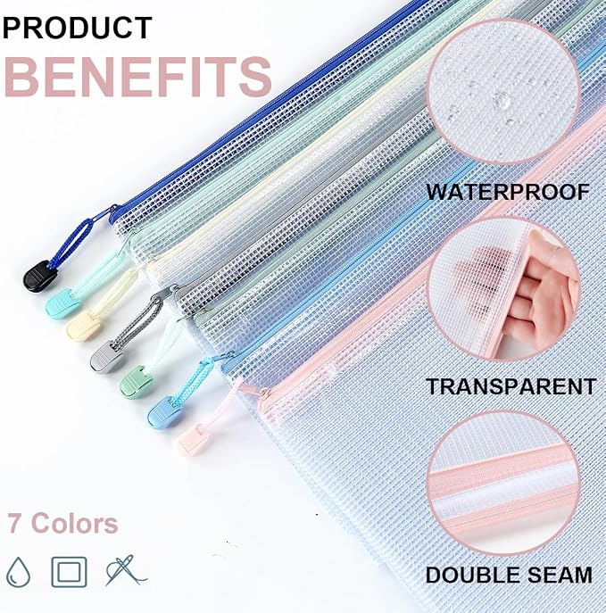 7 Pack Mesh Zipper Pouch Bags, A4 Plastic Zipper Bags,Waterproof File Pouches for Office Supplies, Travel, Storage, Puzzles & Board Games