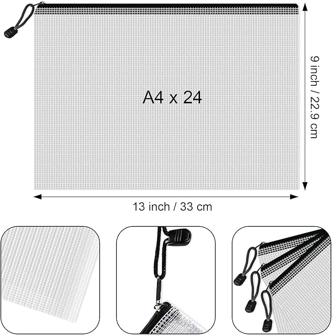 Mesh Zipper Pouch Bags, 24 Pcs Clear Zipper Pouches, A4 Letter Size, Waterproof Document Bags Zip File Folder Organizing Storage Bag for School, Office Supplies.