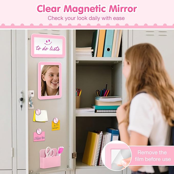 MoKo Locker Accessories Set, 11PCS Back to School Supplies Includes Magnetic Mirror, Whiteboard, Markers, Pen Holder, Magnets, Locker Organizer for School Office (Pink)