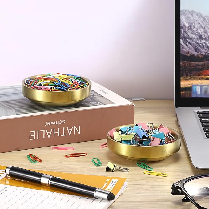 BTSKY 2 Pack Flat Golden Paper Clip Holder, Stackable Desk Organizer Metal Storage Bowl for Small Office Supplies Paper Clips & Tiny Parts, Cute Round Jewelry Storage for Office Bathroom Vanity