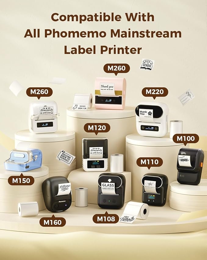 Phomemo Labels M110-1380 Pcs 1.57"x1.18" (40mm x 30mm) Thermal Labels- for M110/M220/M100/M221/M250/M260 Label Printer,for Barcode/Address/Mailing/Logo/Business/Home, Black On White