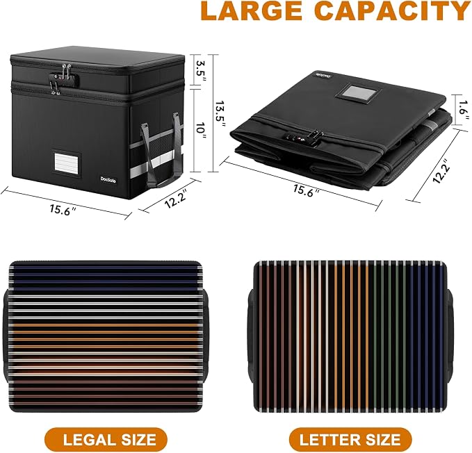 DocSafe File Box with Lock,Multi-Layer Fireproof Document Box Collapsible File Storage Organizer with Pockets/Handle,Large Portable Home Office Filing Safe for Hanging Letter/Legal Size Folders,Black