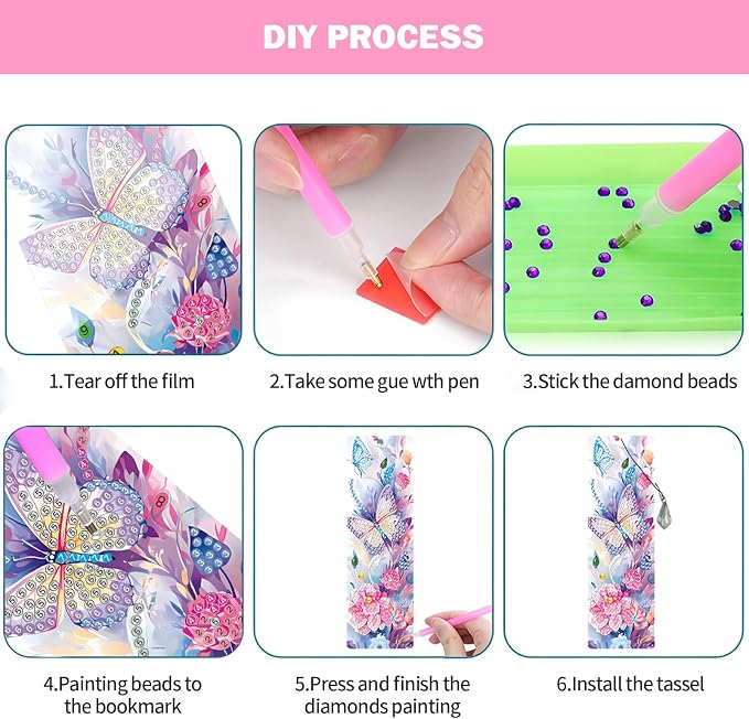 ACSAUMMY 4pcs Butterfly Diamond Painting Bookmark, 5D Diamond Art Bookmarks with Flower Design Beaded Rhinestone Pendant DIY Diamond Art Kits for Adult Crafts Reading Women Beginner Birthday Gift