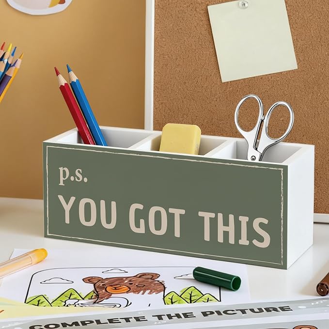 Green Inspirational Office Pen Pencil Holder, Inspirational Encouragement Gifts Wood Desk Organizer and Accessories, You Got This Motivational Pen Holder Desk Organizer for Office Tabletop