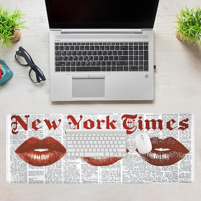 Vintage Lips Desk Pad Mouse Pad Red Kiss Retro Newspaper Mousepad Large Mousepad Extended Laptop Keyboard Mat Gaming Desk Pad Mouse Mat Office Computer Keyboard Laptop Home 31.5"x11.8"
