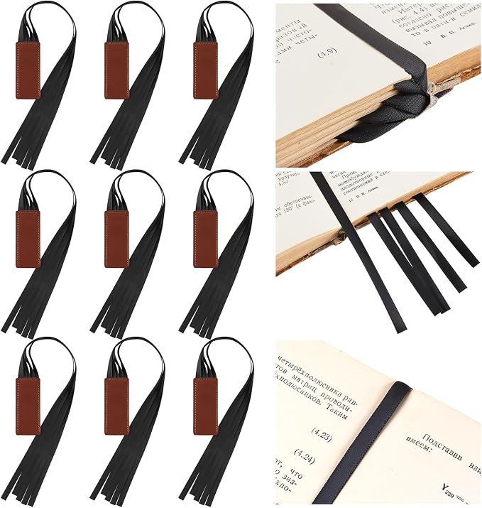 Outus 9 Pieces Bible Ribbon Bookmark Multi Ribbon Page Markers Artificial Leather Bookmark for Books(Black Ribbon)