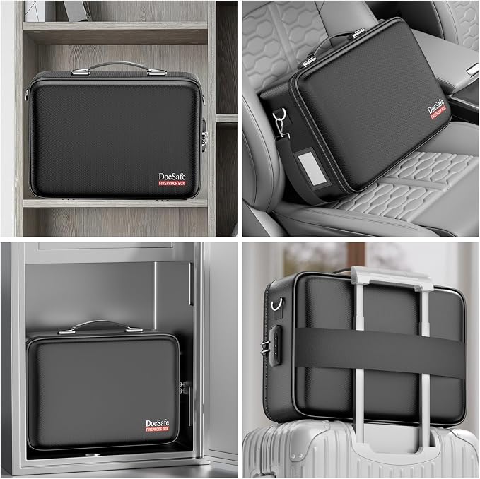 DocSafe Fireproof Document Box with Lock＆Shoulder Strap, Hard-Shell Case File Organizer with Accordion File Folder, Multi-Layer Portable Home Office Travel Safe Storage for Important Documents Laptop