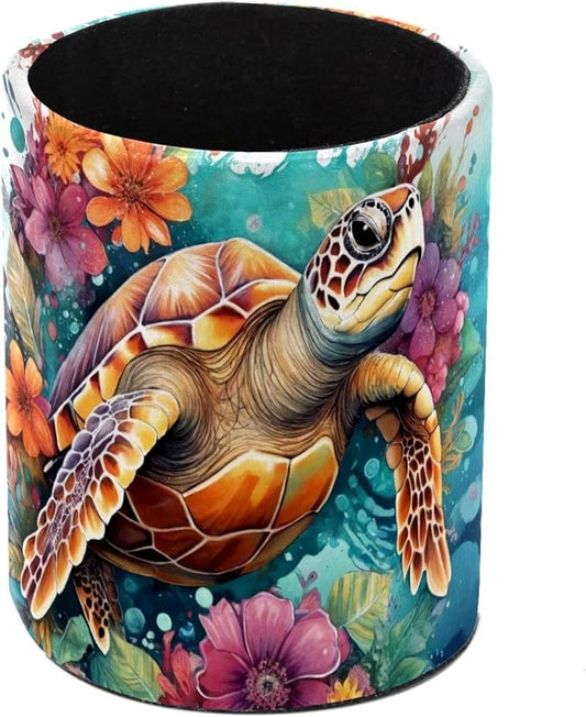 Desk Organizer Pen Holder for Desk, Sea Turtle Flower Pencil Holder, Large Capacity Pen Cup Makeup Brush Holders Desktop Office Supplies Storage Organizer
