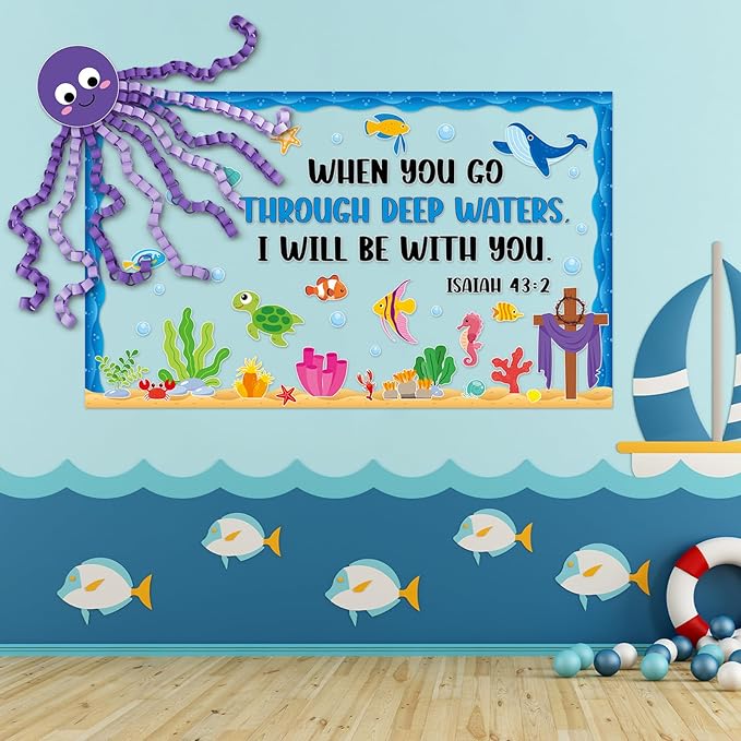 Christian Religious Under The Sea Bulletin Board Set Bible Verse Back to School Ocean Sea Animal Classroom Bulletin Board Decorations DIY 3D Octopus Cutouts for Sunday School VBS Chalkboard Wall Decor