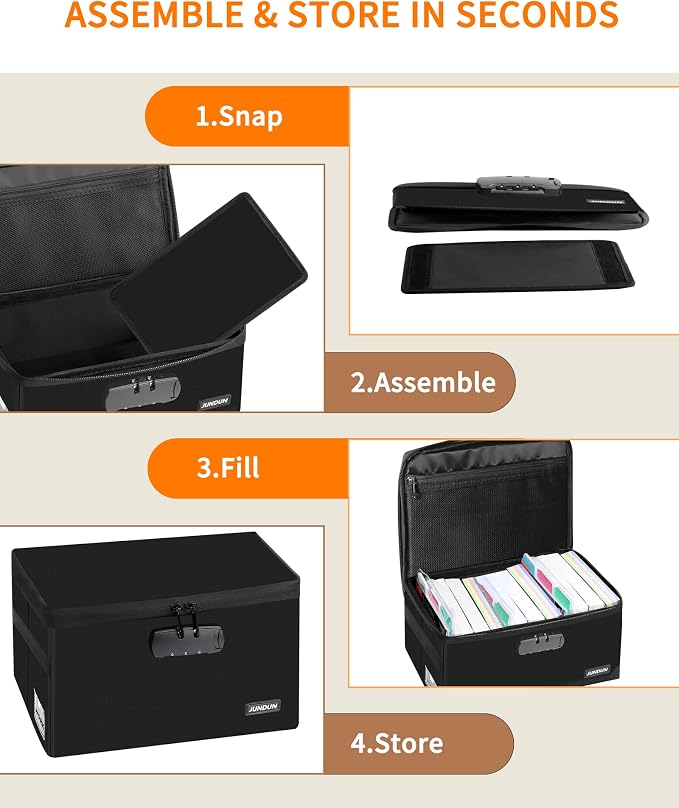 JUNDUN Index Card Holder with Lock,Collapsible Fireproof Index Card Box fits 1200 5x8-Inch Flash Cards - Business, Recipe, or Note Card Storage Boxes - Black