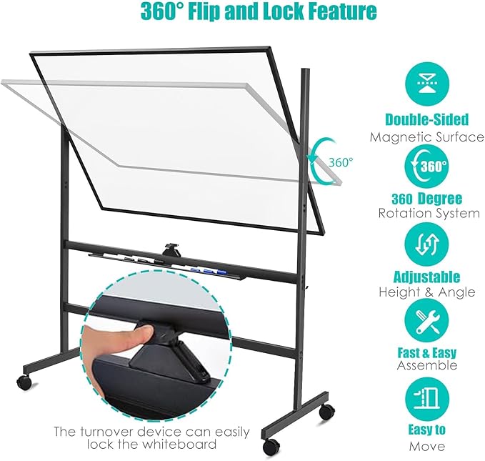 BIBOC 32x48 Inches Large Mobile Dry Erase Whiteboard with Rolling Stand - Double Sided Height Adjustable Whiteboard for Office, School - Aluminum Frame & Durable Writing Surface