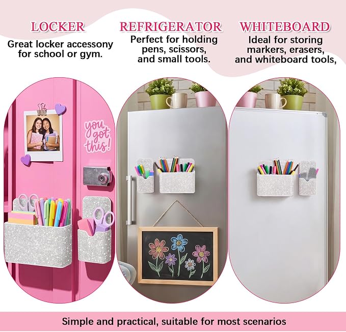 MotiMind 2 Pcs Silver Bling Magnetic Marker Holder Women Girl Locker Accessories Marker Pen Pencil Holder for Refrigerator Whiteboard Sparkly Gift Desk Organizer for School Office (Rhinestone)