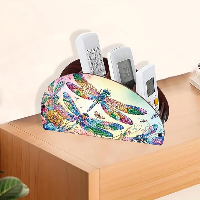 Remote Control Holder with 4 Compartments, DIY Diamond Art Painting Wooden Half Moon TV Control Holder for Remote Controllers, Office Supplies, Makeup Brush, Media Accessories-Dragonfly