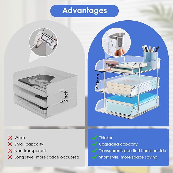 Desk Organizers and Storage, 3 Tier Clear Heightened Stackable Paper Tray Organizer for Document, Letter, A4 File Paper, Desk Accessories, Office Supplies (Clear, 3 Pack)