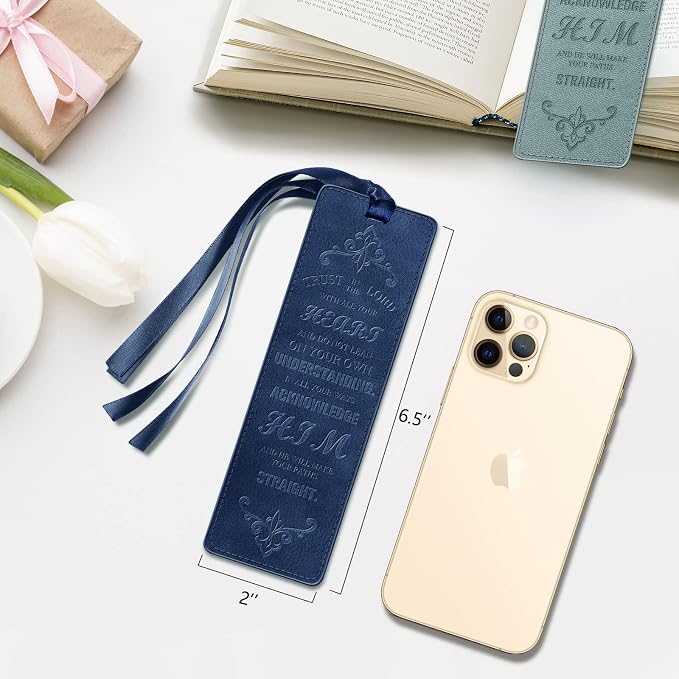 FINPAC Leather Bible Bookmarks, Vegan Religious Bookmarks, Bible Verse Book Markers Church Gifts for Women Men [Trust in The Lord with All Your Heart] - Turquoise + Navy