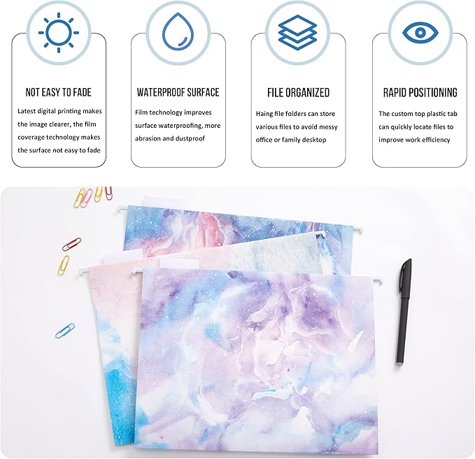 Y YOMA 18 Pack Decorative Hanging File Folders Letter Size Marble Cute Hanging Folder Pretty File Folder Organizer for Filing Cabinet Office Home with 1/5-Cut Adjustable Tabs, 3 Pink Nebula Design