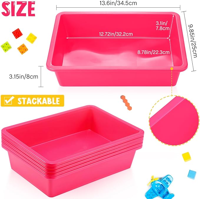 Hoteam 10 Pcs Flat Storage Organizer Tray Bin Paper Tray for Classroom Plastic Stackable File Organizer for School Office Teacher Book Organization(Dark Pink,13.78 x 9.84 x 3.15 Inch)