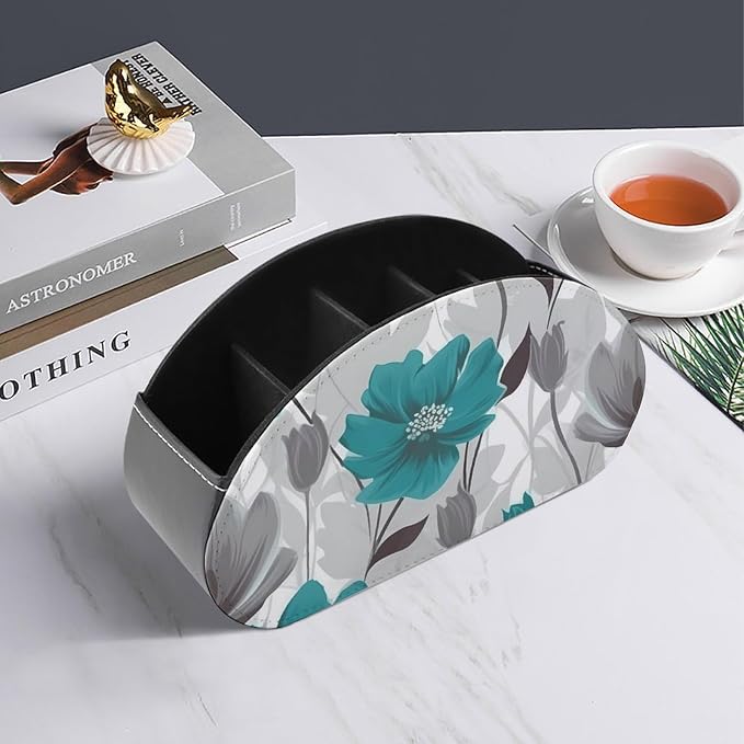 Teal Grey And White Floral Remote Control Holders Waterproof Pu Leather TV Remote Holder Desktop Storage Organizers Remote Caddy Box with 5 Compartments for TV Remotes/Media Controllers/Office Supplie