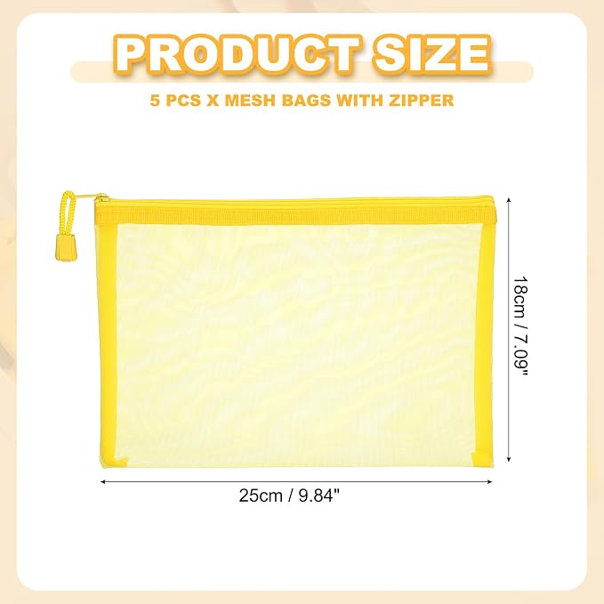 PATIKIL A5 Mesh Zipper Pouch Bags, 5 PCS Mesh Bags with Zipper Plastic Storage Pocket for Organizing File Beads Office Home Supplies, 18x25cm, Yellow