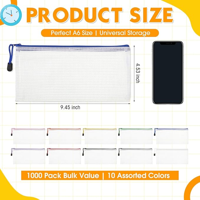 Handepo 1000 Pieces A6 Mesh Zipper Pouch Bulk, Pencil Storage Pouch Mesh Cosmetics Bag Waterproof Reusable Plastic File Folder Case for School Office Travel Supplies Organization, 10 Colors