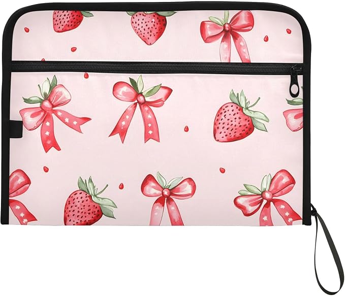 Expanding File Folder Strawberries Bows Pink Accordion File Organizer 13 Pockets Document Organizer with Zipper Labels A4 Letter Office Storage