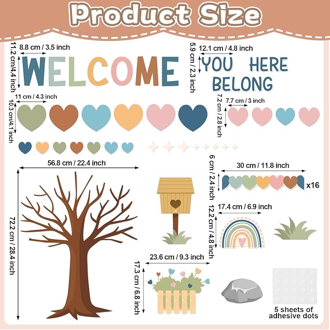85pcs Boho Classroom Tree Bulletin Board Heart DIY Photo Name Tags Crafts Cutouts Back to School Rainbow Accents You Belong Here Welcome Classroom Decor for Nursery Elementary Chalkboard Wall Decor