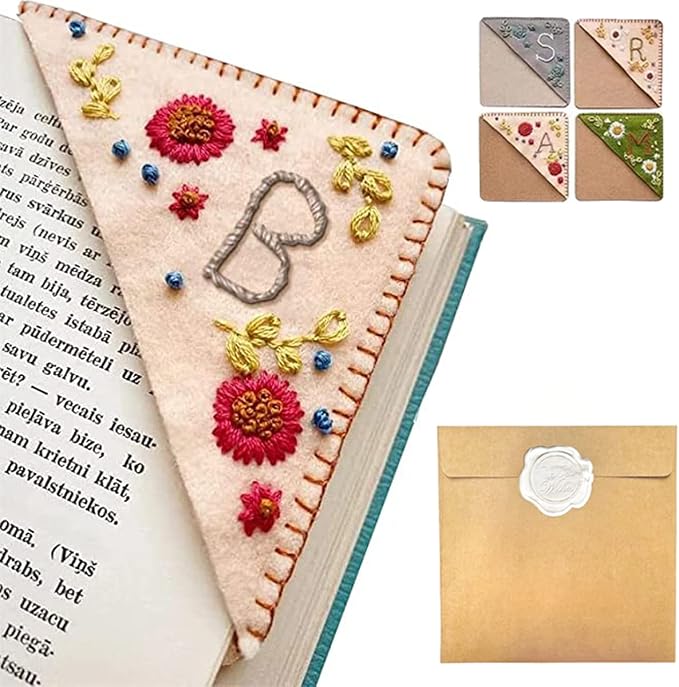 Personalized Hand Embroidered Corner Bookmark, 26 Letters Hand Stitched Felt Corner Letter Bookmark, Cute Flower Embroidery Bookmarks for Book Reading Lovers Meaningful Gift (Fall，B