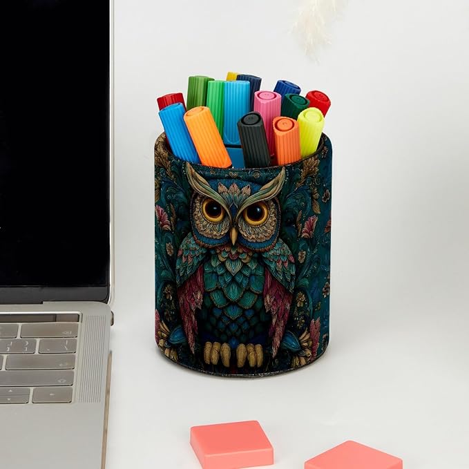 Vintage Owl and Flower Leather Pen Holder for Desk, Multifunctional Desktop Organizer Pencil Cup, Desktop Caddy Stationery Organizer for School Home Office Desk Accessories