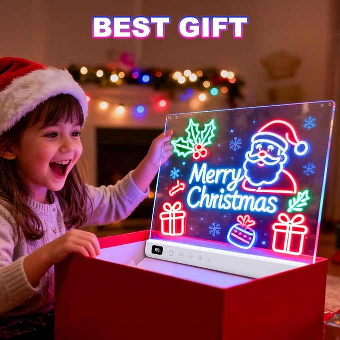 Cosmody Rechargeable LED Drawing Board for Kids, Large 16" Light Up Drawing Pad with 8 RGB Colors & 6 Dynamic Modes, Neon Art Dry Erase Board with Tracing Book & 7 Markers,Creative Gift for Girls Boys
