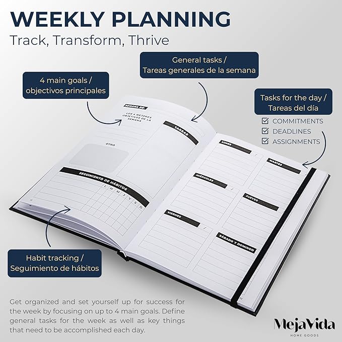 Spanish Weekly Planner & Habit Tracker – Undated 6"x9" Agenda en Español – Goal Setter, Monthly & Daily Organizer – Navy Blue Hardcover