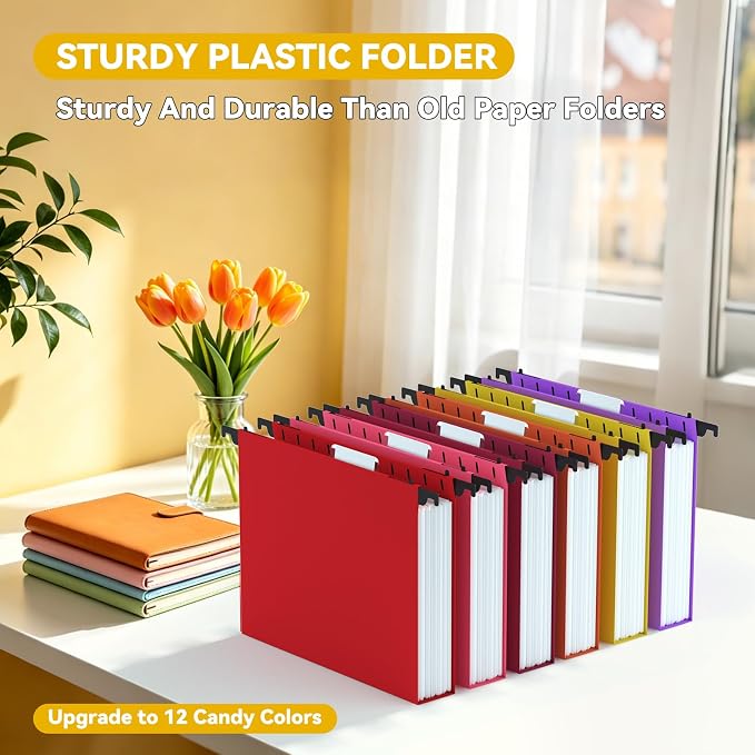 Heavy Duty Hanging File Folders Letter Size,Plastic 1.5" Expandable Filing Cabniet Folders,12 Pack Sturdy Extra Capacity File Folder Hangers with Tabs,Aesthetic Hanging File for File Frame/Box