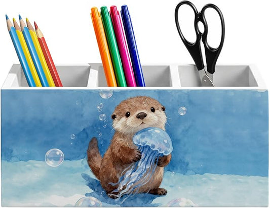 Coastal Beach Sea Otter Pen Holder for Home Kids Room Desk, Otter Lover Gifts, Coastal Ocean Wildlife Nursery Wooden Box Sign Pencil Holder for Desk Shelf Organizer