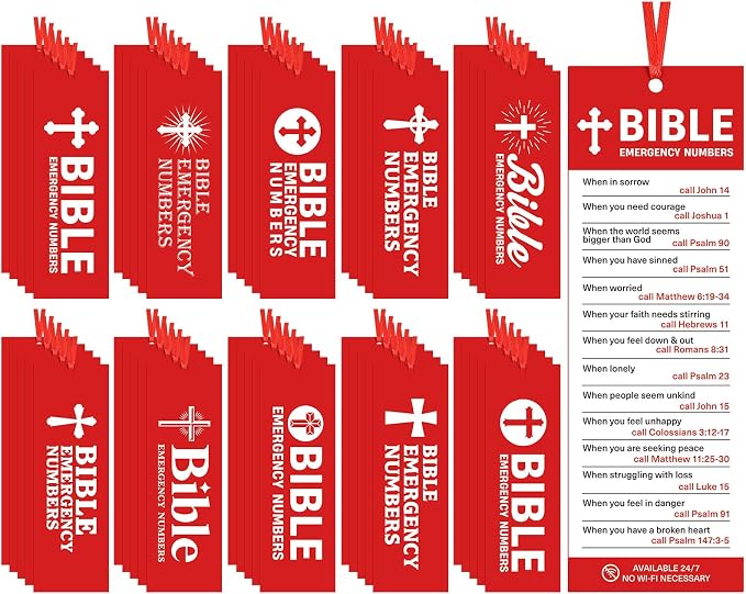 Cholemy 60 Pcs God's Emergency Numbers Bookmark for Kids Paper Religious Catholic Tassel Bible Verse Christian Bookmarks Bulk with Red Ribbon for VBS Sunday School Classroom Church Gifts