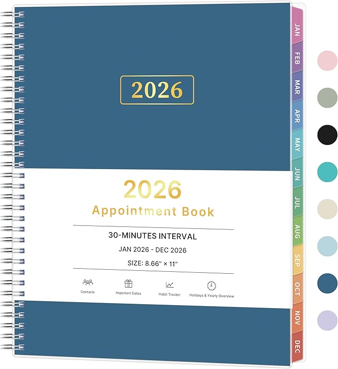 2026 Appointment Book, 30 Minutes-Hourly, Weekly ＆ Monthly Calendar Planner 2026, Jan 2026 - Dec 2026, 8.5'' x 11'', 2026 Daily Planner with Tabs ＆Pocket, Flexible Cover, Great for Office, Home, School