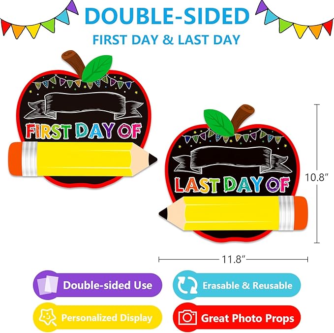 First Day of School Board Sign - Double Sided Apple First and Last Day of Preschool Kindergarten Chalkboard Sign Reusable & Erasable Back to School Supplies Photo Prop Gift for Kids
