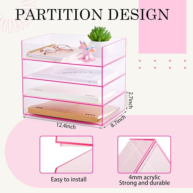 Harloon 4 Tier Paper Organizer Letter Tray Pink Acrylic Desk File Organizer Heavy Duty Stackable Documents Clear Letter Paper Holder Office Tray for A4, Office Classroom Home File Pad Notebooks