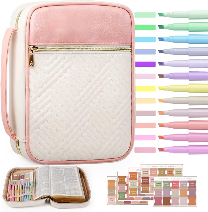 BellaHold Quilted Vegan Leather Bible Cover, Color-Blocked Bible Cover Case for Women, Bible Carrying Case with Handle, Bible Study Supplies & Christian Gift for Women and Girls (White & Pink, XL)