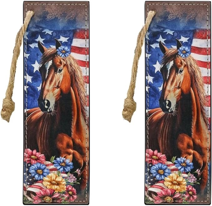 Bookmark 2 PCS Leather Bookmarks for Women, Men, Book Lovers Horse American Flag Flower Page Markers for Students Teachers Reading Bookmarks Accessories for Book Lovers