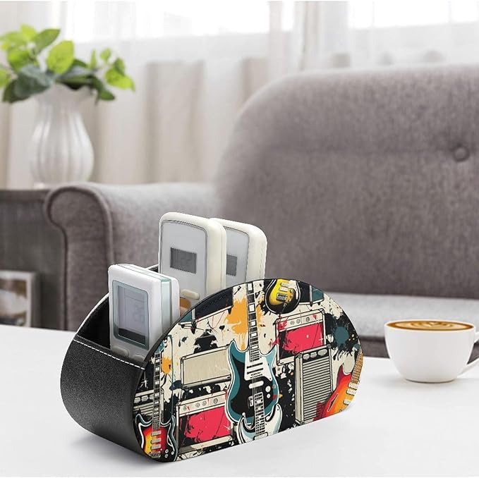 Rock Music Pattern Remote Control Organizer PU Leather Storage 5 Compartment Controller Holder Multi-functional Brush Organizer Box Office Supplies Caddy for Bedside