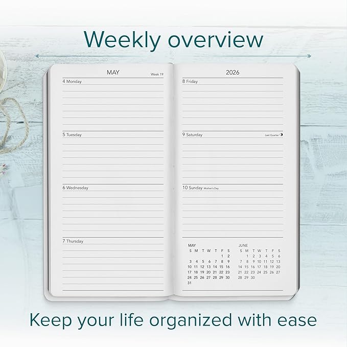 Harbor Pocket Weekly Monthly Planner 2025-2026, Calendar Planner and Notebook, Durable Faux Leather, 192 Pages, Softcover & Book Bound - Leida Pine - 6 x 3.25 "
