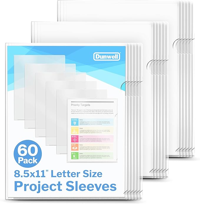 Dunwell Clear Folders for Documents, Plastic 8.5x11 File Sleeves for Document Protection, Filing, Storage, Organization (60 Pack) Transparent Folders with Pockets, Durable Letter Size Document Holder