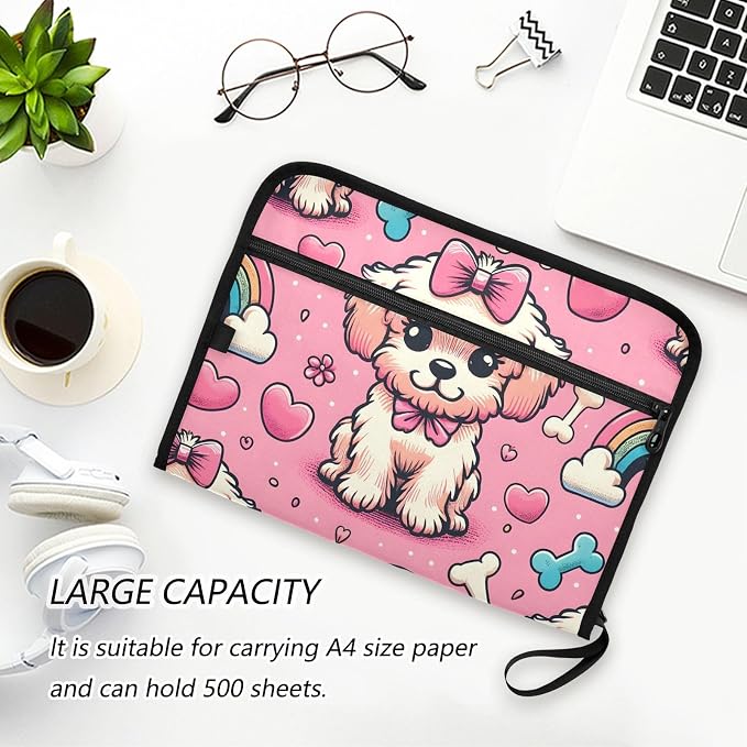 Expanding File Folder Pink Bow Dog Bone Rainbow Accordion File Organizer 13 Pockets Document Organizer with Zipper Labels A4 Letter Office Storage