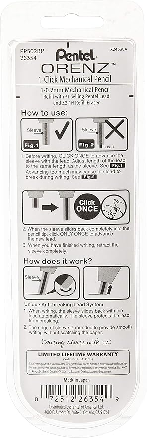 Pentel Orenz Mechanical Pencil (0.2mm), White Barrel, 1 Pack (PP502BP)