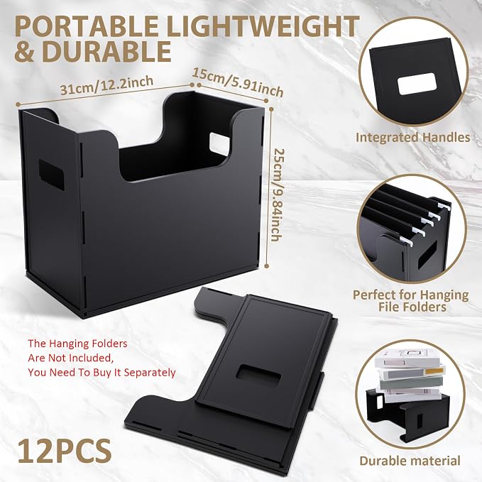 12 Pcs Portable Desktop File, Side Handles, Filing Organizer, Hanging File Folders, Letter Size for Schools Office Home (Black)