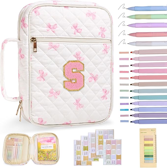 Initial Bible Cover Case for Women Girls Kid Large Bible Cover with Durable Handle Quilted Bible Carrying Case for Girls Bible Study Supplies Accessories (Pink Bow S, one Size)